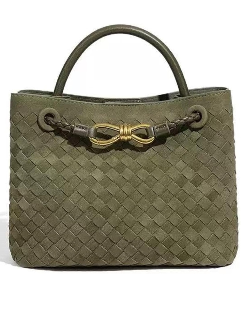 Woven Leather Top-Handle Tote with strap in olive color